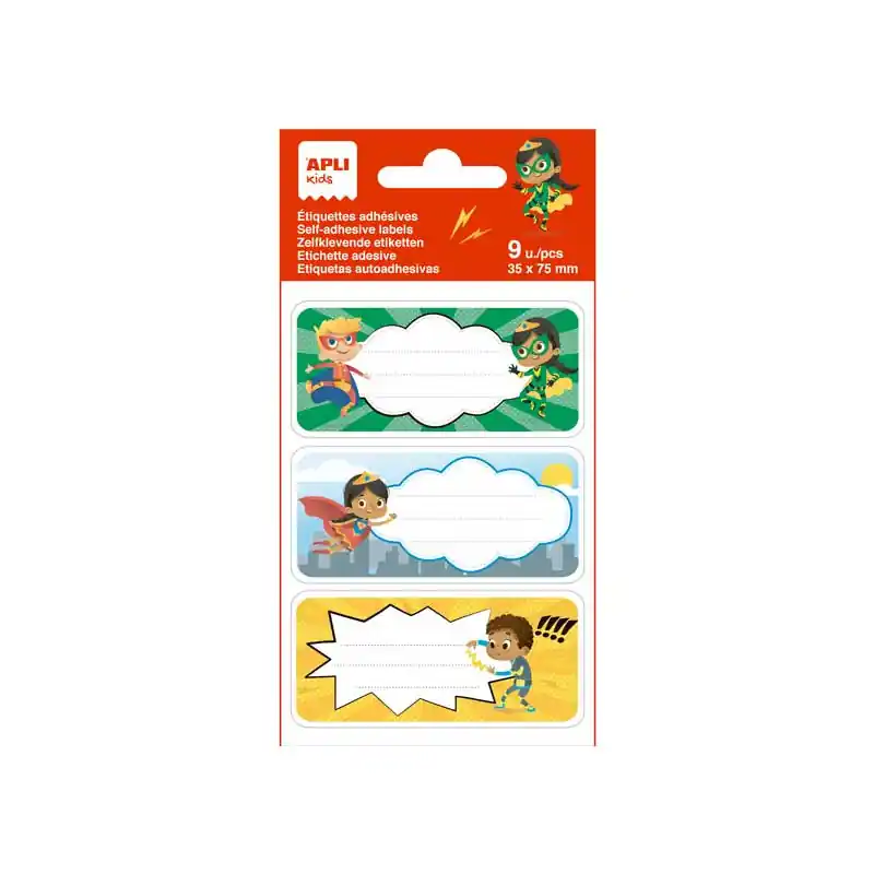 Moderno BOLSA 9 ETIQUETAS ESCOLARES APLI KIDS "SUPER HÉROES" 75x35mm