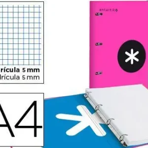 De Moda Carpeta con Recambio y Solapa Liderpapel Antartik A4 Cuadro 5 mm Forrada 4 Anillas Redondas 40Mm Color Rosa