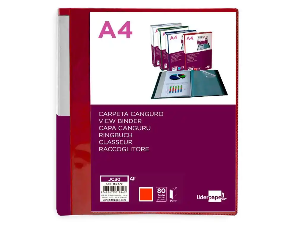 Original Carpeta liderpapel 80 fundas canguro pp DIN A4 rojo translucido portada y lomo personalizable