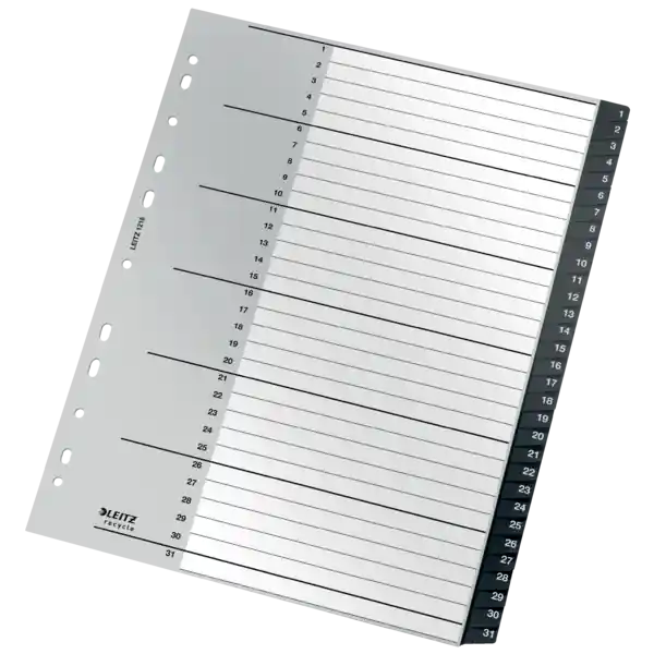 Índice multitaladro Leitz Recycle. DIN A4 maxi. Pestañas 1-31. PP reciclado, climáticamente neutro y 100% reciclable, negro Bestseller