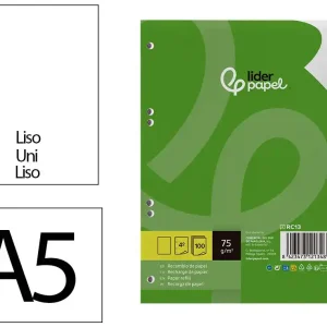 Recambio liderpapel din A5 100 hojas 75 gr liso sin margen 6 taladros Entrega Rápida