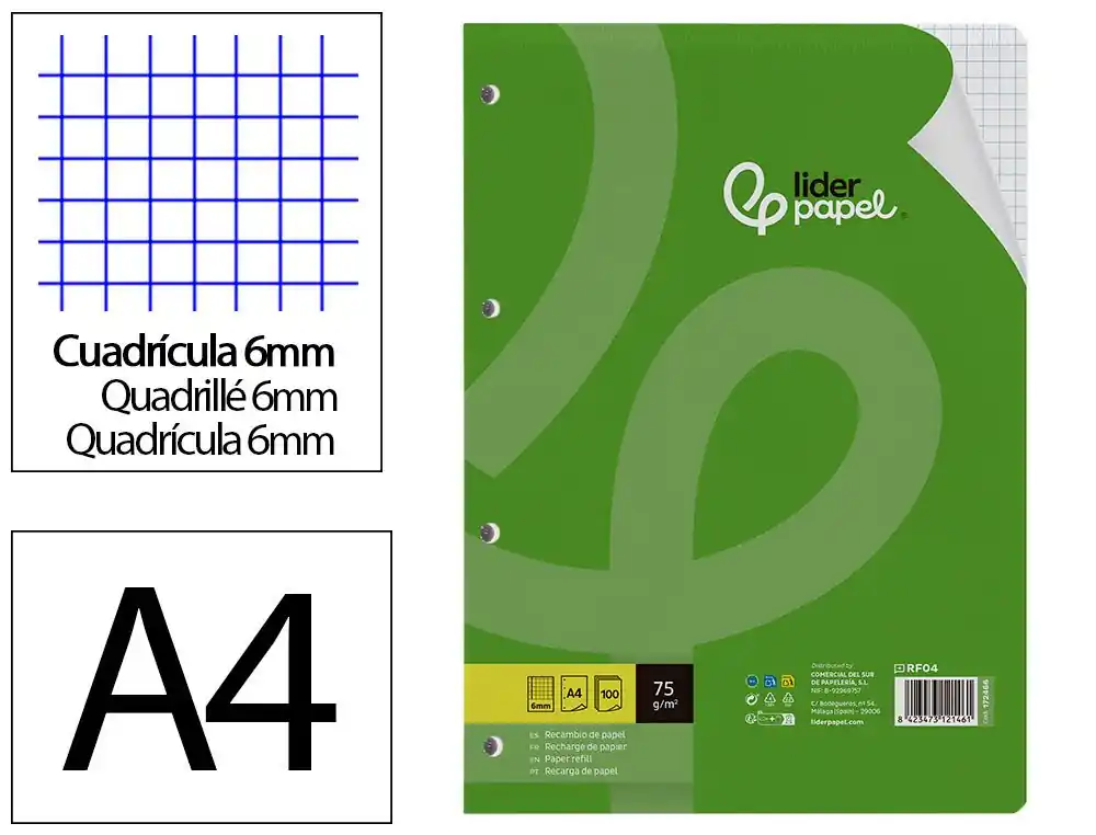 Premium Recambio liderpapel A4 100 hojas 75gr cuadro 6mm 4 taladros con margen