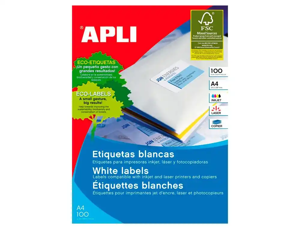De Moda Etiquetas Apli 105 x 40 mm. blanco cantos rectos (100 hojas)