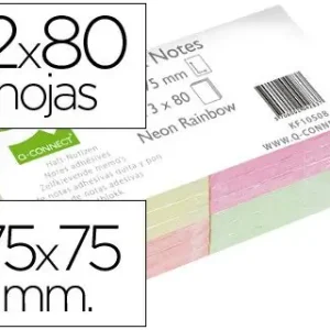 Venta Final Bloc de Notas Adhesivas Quita y Pon Q-Connect 75X75 mm con 80 Hojas Fluorescentes Pack de 12 Surtidas en 4 Colores
