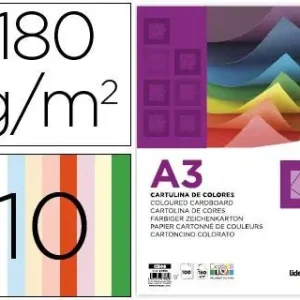Cartulina liderpapel a3 180g/m2 10 colores surtidos paquete 100 hojas Garantía Incluida