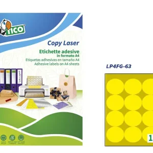 Etiqueta adhesiva tico amarill o fluorescentes permanente fsclaser/inkjet/fotocopia redonda63,5 mm caja de 840 unidades Premium