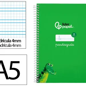 Original Cuaderno espiral liderpapel A5 pautaguia tapa dura 80h 90 gr cuadro pautado 4mm color verde