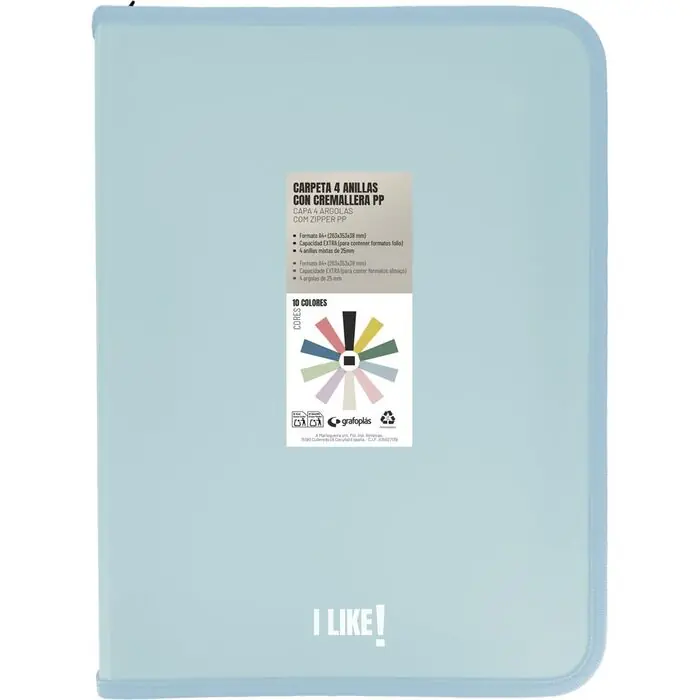 Carpeta 4 Anillas 25 mm A4+ con Cremallera Pp Opaco Like3 Azul Claro Promoción