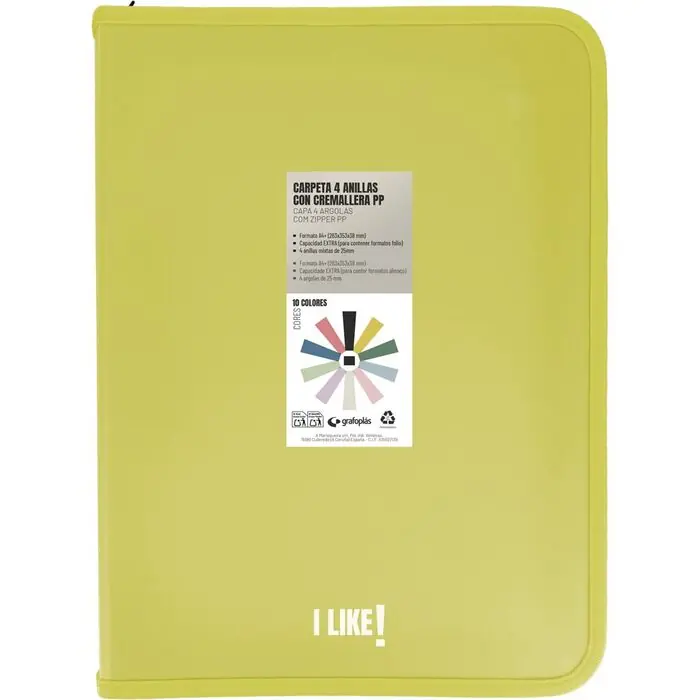 Carpeta 4 Anillas 25 mm A4+ con Cremallera Pp Opaco Like3 Amarillo Pago Seguro
