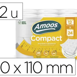 Alta Calidad Papel Higienico Amoos 2 Capas 110 mm Diametro X 90 mm Alto 30 Gr/m2 Paquete de 12 Rollos