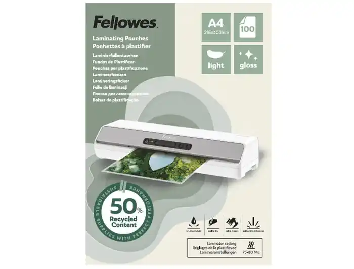 Bolsa de Plastificar Fellowes Recicladas Brillo Din A4 80 Mc Pack de 100 Unidades Precio Rebajado