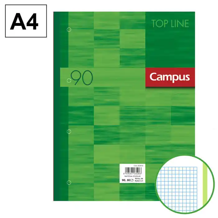 Bloc Encolado de Recambios Archivador Campus A4 80 Hojas 90 G. Banda de Su Color Verde Rayado 5 mm. Alta Calidad