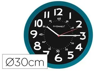Nuevo Modelo Reloj Q-Connect de Pared Plastico Oficina Redondo 30 cm Color Azul y Esfera Color Negro
