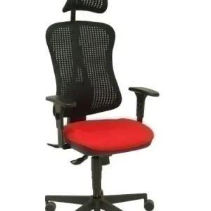 Silla Piqueras y Crespo Agudo Giratoria Ergonomica Brazos y Altura Regulable Cabecero Incluido Mecanismo Sincro Ruedas Parque Respaldo Malla Transpirable Negro y Asiento Tapizado Tela Roja Stock Limitado