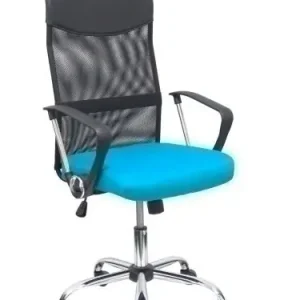 Silla Piqueras y Crespo Gontar Direccion Brazos Fijos Mecanismo Basculante Regulable en Altura Base Cromada Ruedas Parquet Respaldo Malla Transpirable Negra y Asiento Tapizado Malla Turquesa Nueva Colección