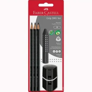 FABER CASTELL SET 2001 GRIP 3 LÁPICES DE GRAFITO + GOMA + SACAPUNTAS NEGRO EN BLISTER 217093 Envío Internacional
