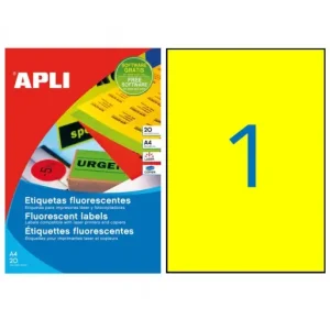 APLI BLISTER 20 HOJAS ETIQUETA FLUOR AMARILLO 210X297 CANTOS RECT - 2878 Última Oportunidad