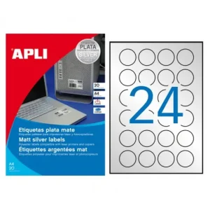 APLI BLISTER 20 HOJAS ETIQUETA POLIESTER PLATA REDONDA DIAMETRO 40 MM - 12975 Precio Reducido