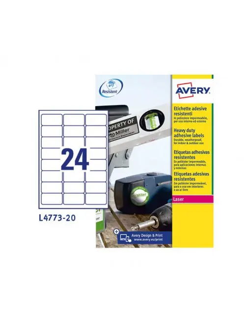 Novedad AVERY 20 HOJAS ETIQUETA POLIESTER 63.5X33.9 L4773-20